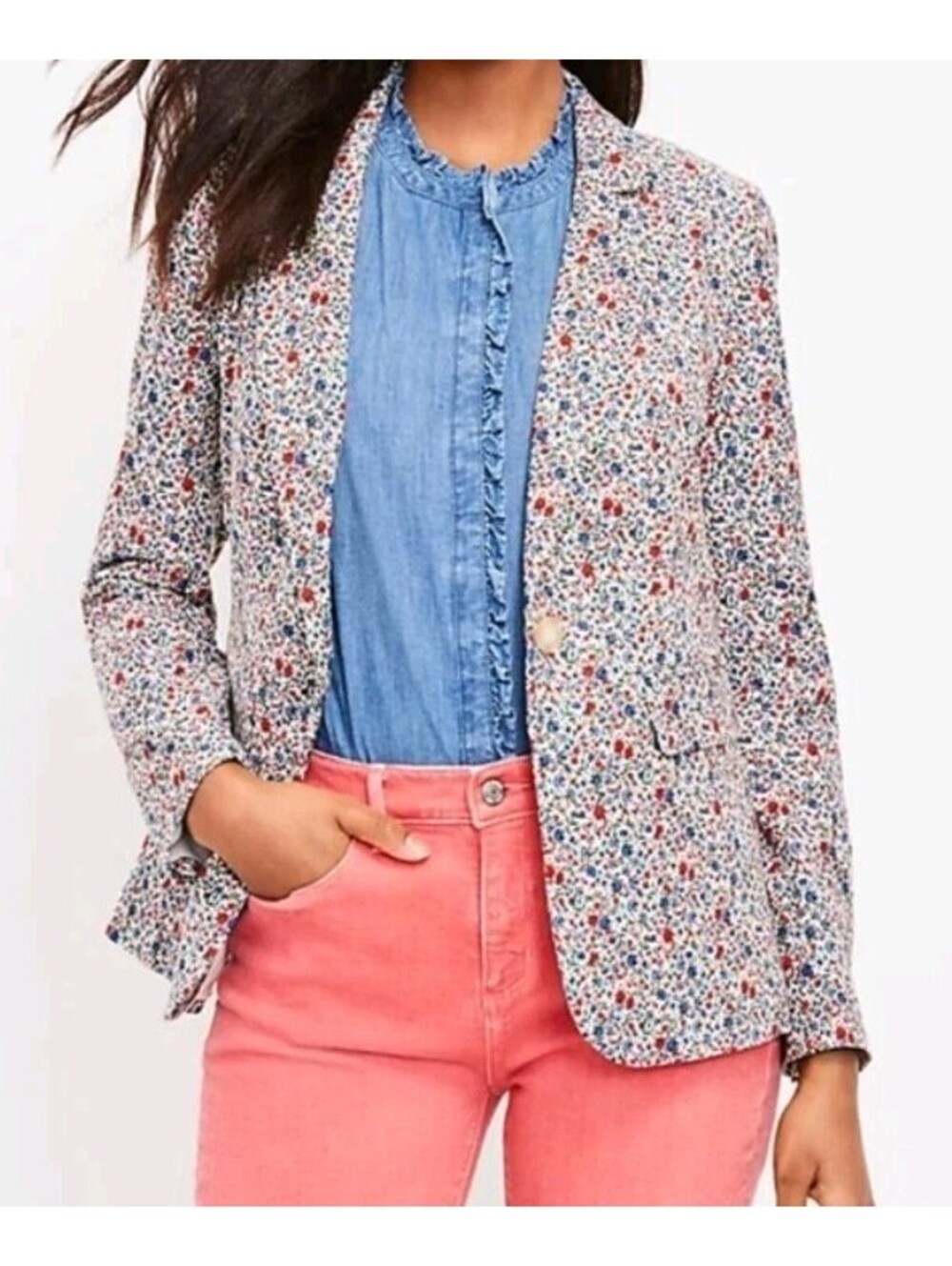 Loft Size 4 Loft Floral Long Modern Blazer Jacket White Red Blue Pink